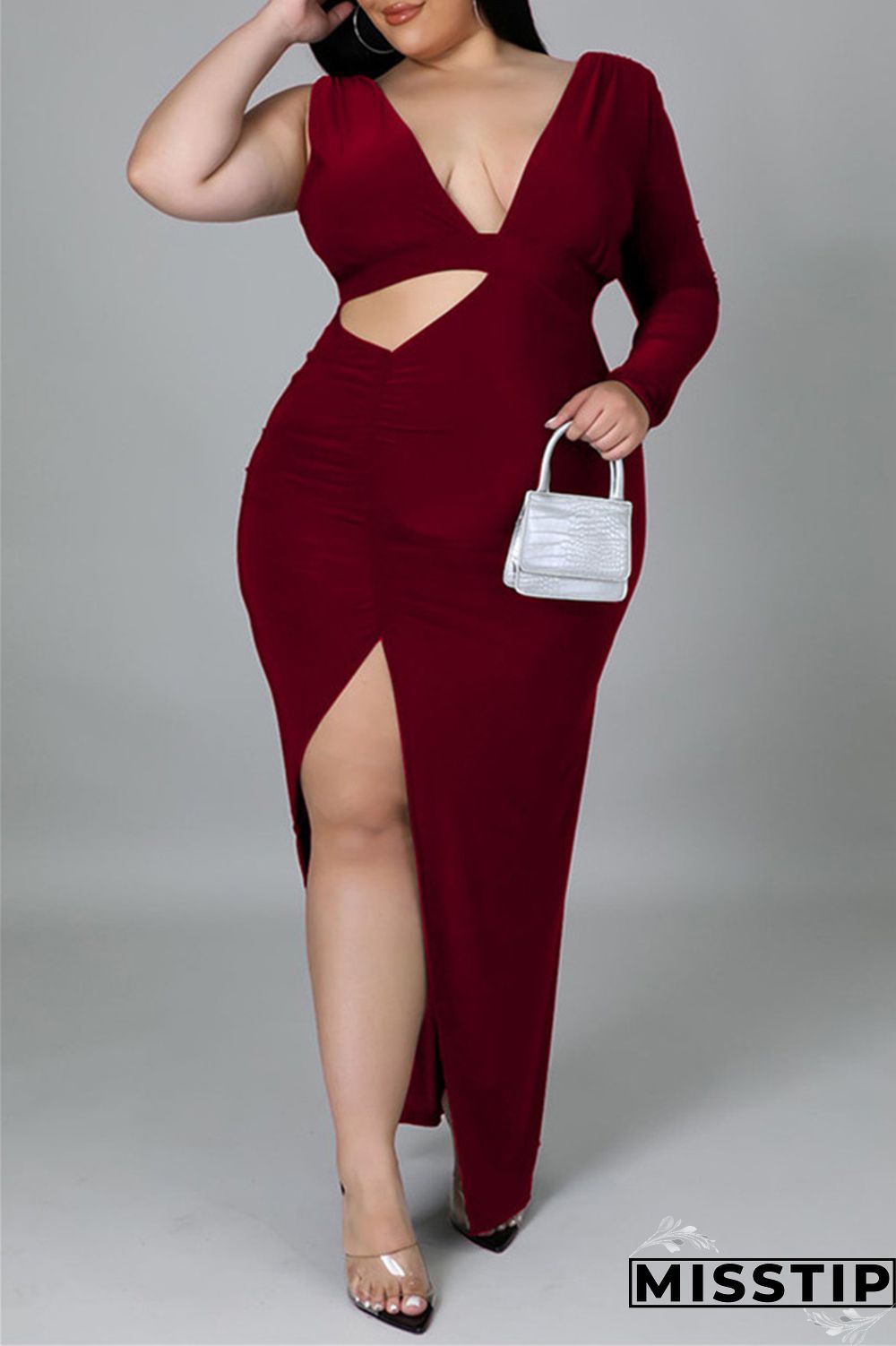 Black Fashion Casual Solid Hollowed Out Slit V Neck Long Sleeve Plus Size Dresses