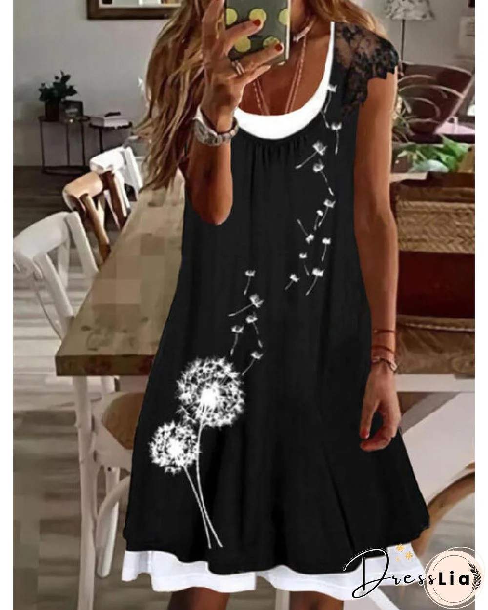 Fake Two Piece Printed Crew Neck Lace Dress