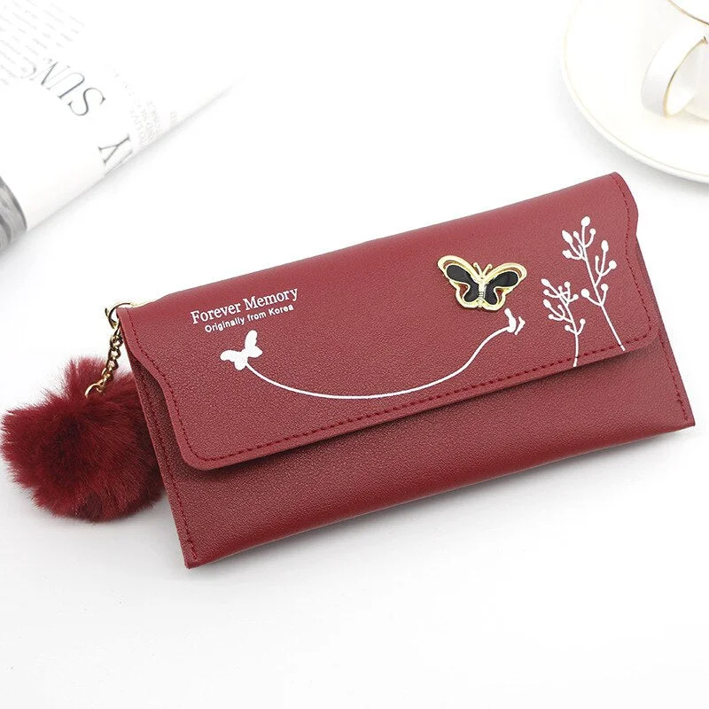 Small Handbags for Women Fashion 2022 Trend New Wallets Pure Color Wool Ball Bow Clutch Bag Women's Long Bag Card Bag Coin Purse