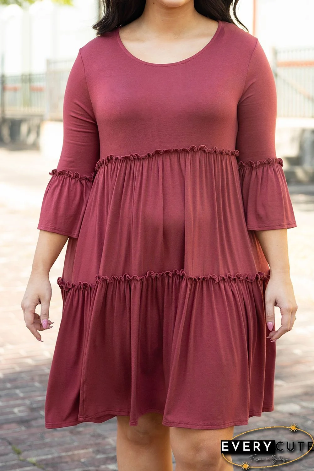 Red Tiered Ruffled 3/4 Sleeve Plus Size Dress