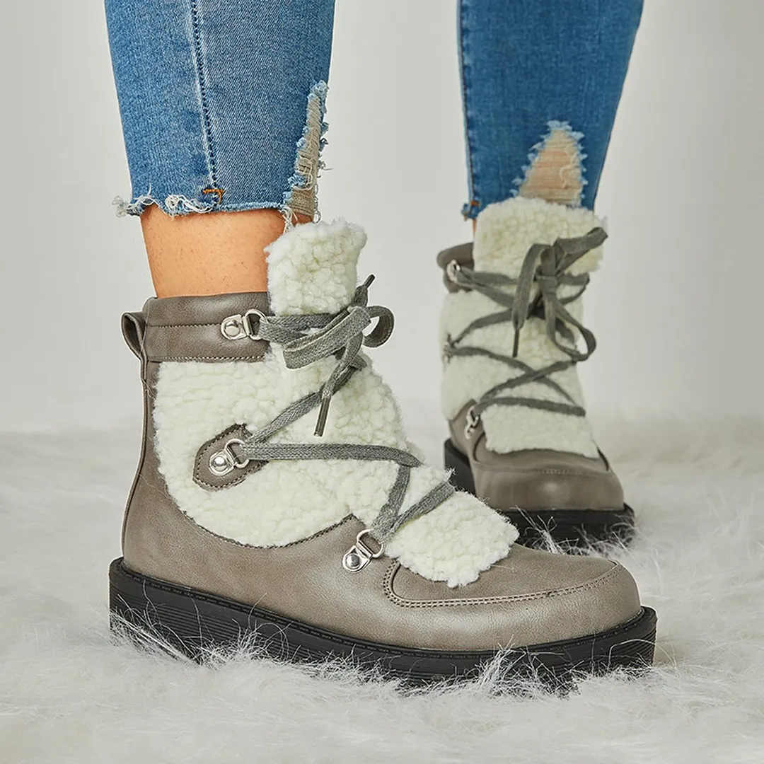 Women Faux Shearling Stiching Lace Up Snow Boots