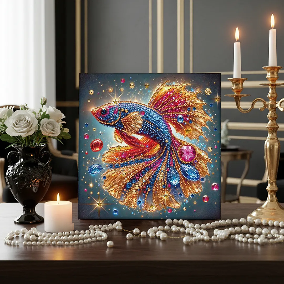Fish DIY Special Shape Drill Art Craft Pearl Diamond Painting with Frame 25x25cm Diamond Art Pearl Painting Kit for Adults Beginners Home Decor