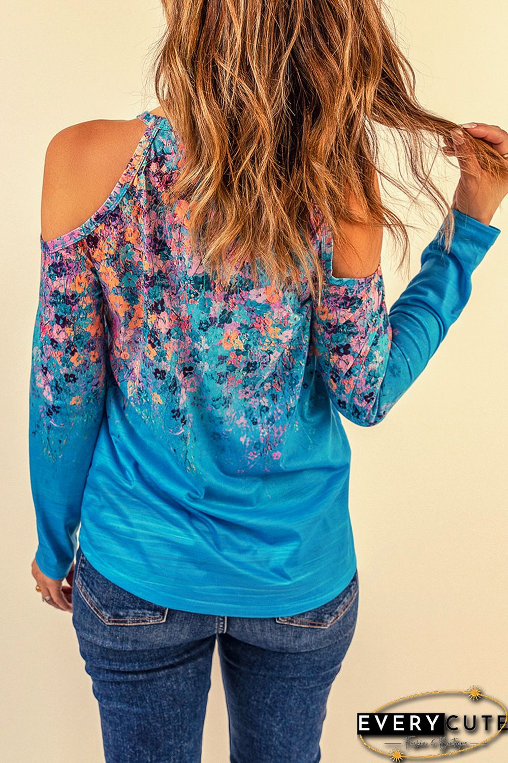 Sky Blue Floral Print Cold Shoulder Top