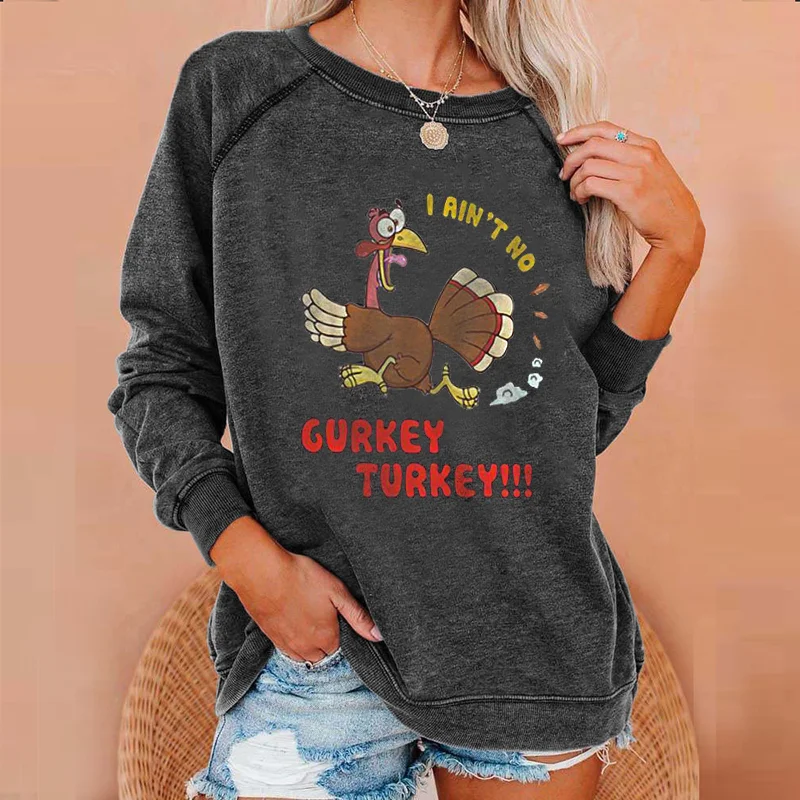 Embarrassed Cartoon Turkey Print Casual Sweatshirt