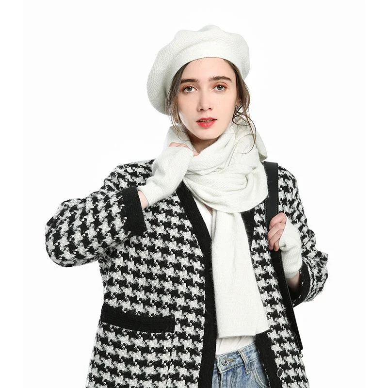 Women's Beret Hats Solid Color Gloves Scarves Three-piece Matching Set