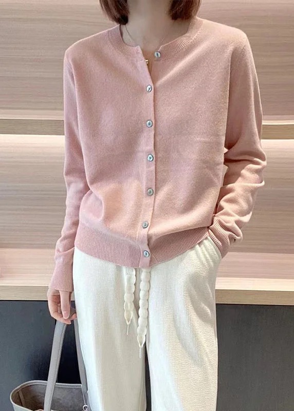 Elegant Pink O Neck Button Patchwork Knit Coats Long Sleeve