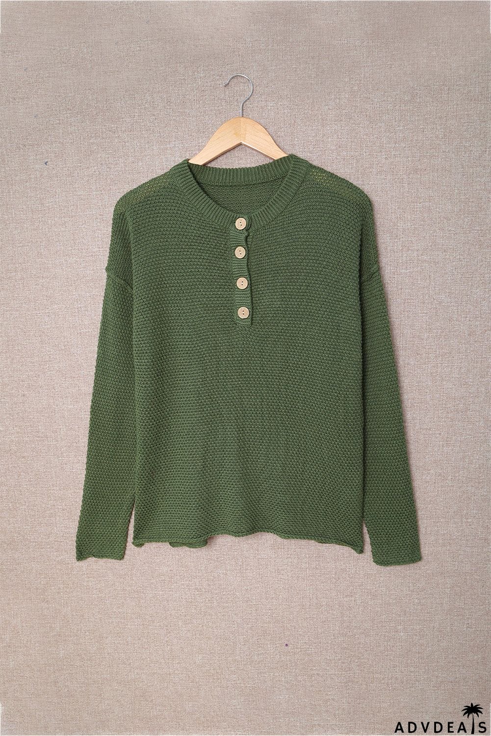 Women's Green Henley Pullover Drop Shoulder Sweater with Slits