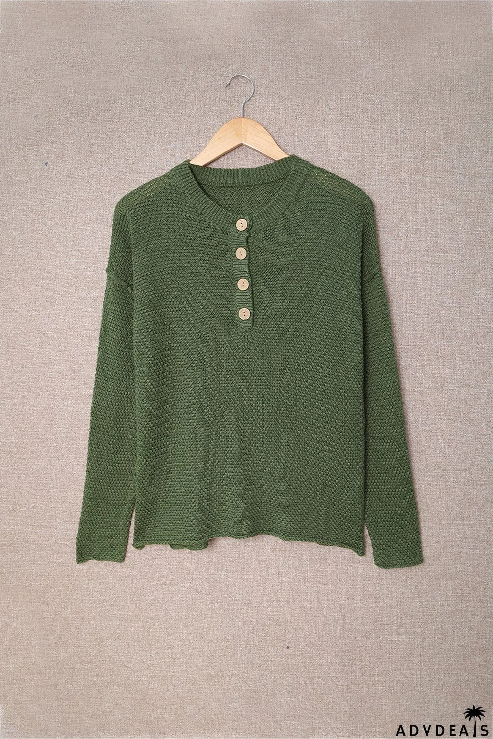 Women's Green Henley Pullover Drop Shoulder Sweater with Slits
