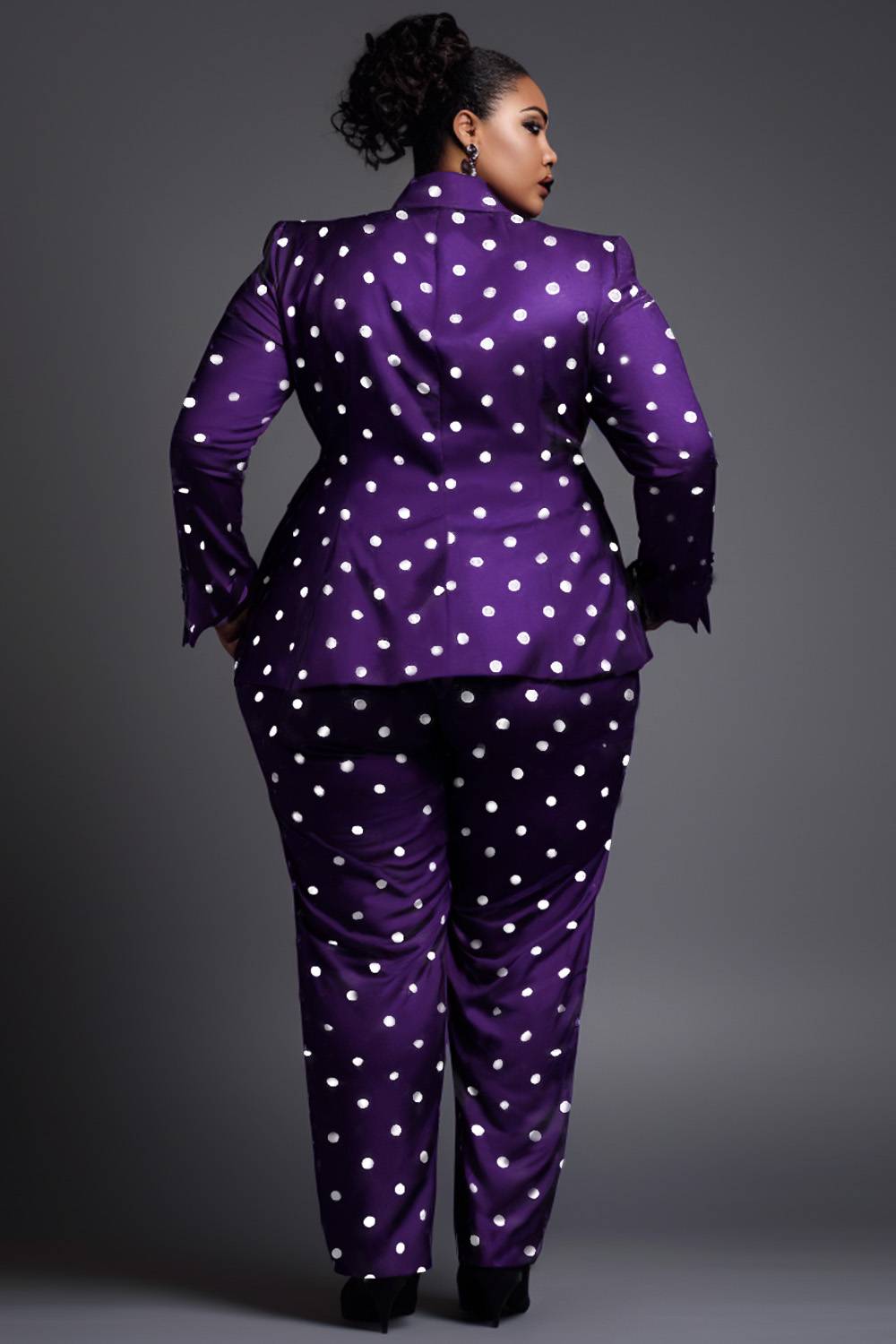 Design Plus Size Wedding Guest Pant Set Elegant Purple Polka Dot Spring Summer Turndown Collar Long Sleeve Satin Blazer Suit Two Piece Pant Set [Pre-Order]