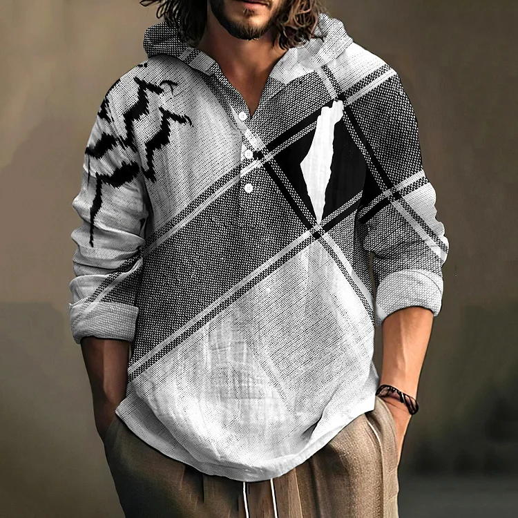 Men's Palestinian Freedom Traditional Palestinian Keffiyeh Print Linen Hooded Shirt