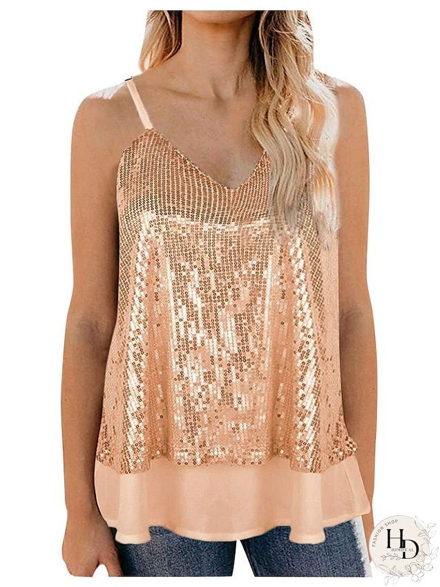 Camisole Tank Top Vest Black White Yellow Sparkly Sequins Layered Sleeveless Stage Streetwear Sexy V Neck Regular S for Women