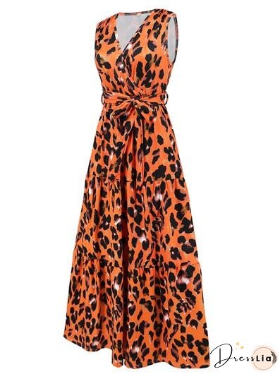 Tied Printed Surplice Tiered Tank Dress