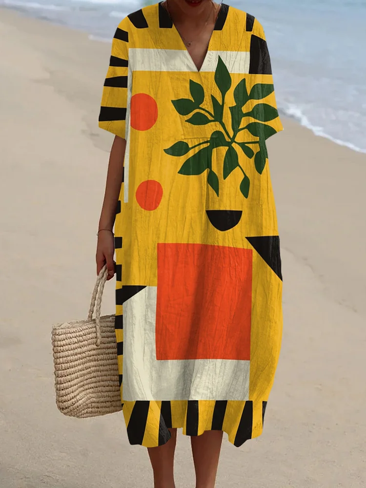Vintage Abstract Art Print V-Neck Midi Dress