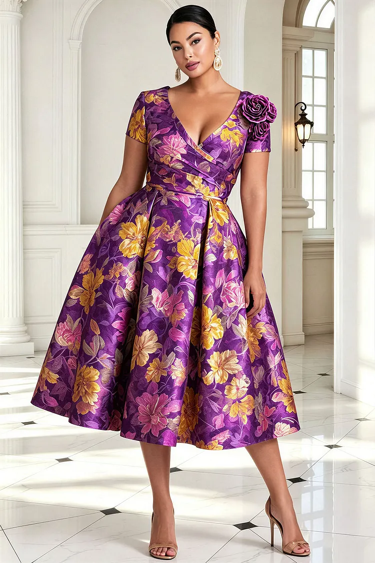Xpluswear Design Plus Size Wedding Guest Purple Floral Wrap Neck Short Sleeve 3D Pocket Satin Midi Dresses [Pre-Order] 2024 - Xpluswear