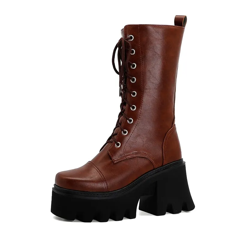 Gdgydh Personality British Style Thick Sole Boots Large Lace Up Platform Boots For Women Leather PU Chunky Heel Winter Shoes