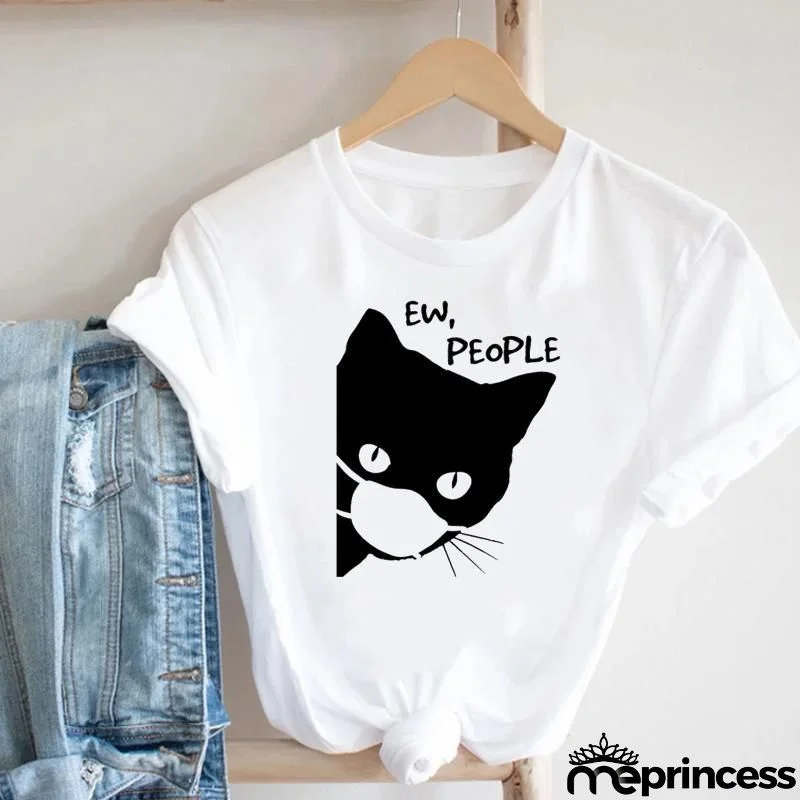 Women Loose Simple Cartoon Cat Footprint Print Round Neck Short Sleeve T-Shirt
