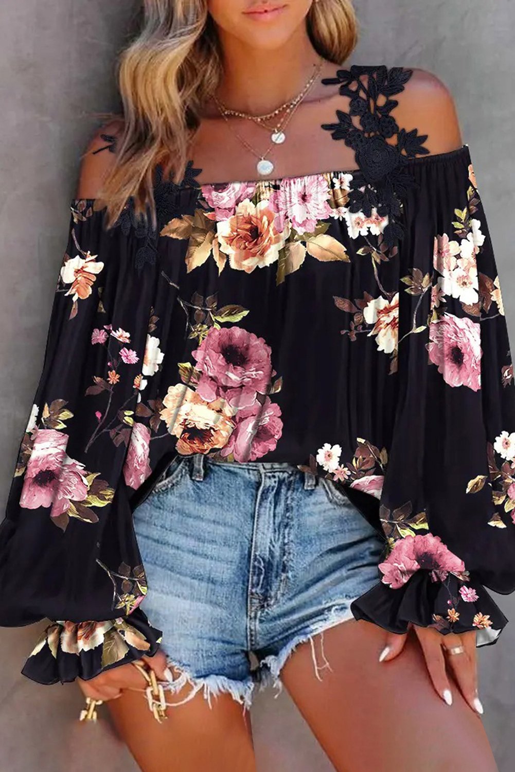 Black Floral Print Lace Patchwork Loose Cold Shoulder Blouse