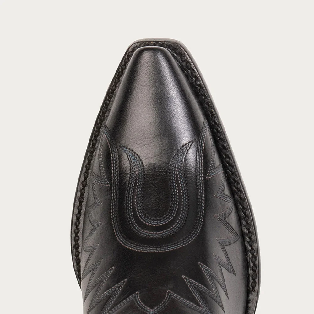 Black Snip Toe Chunky Heel Mid-Calf Cowgirl Boots with Embroidery