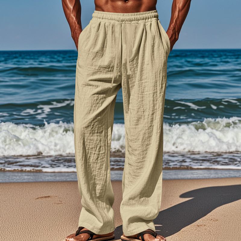 Men's Casual Solid Color Cotton And Linen Comfortable Vacation Trousers