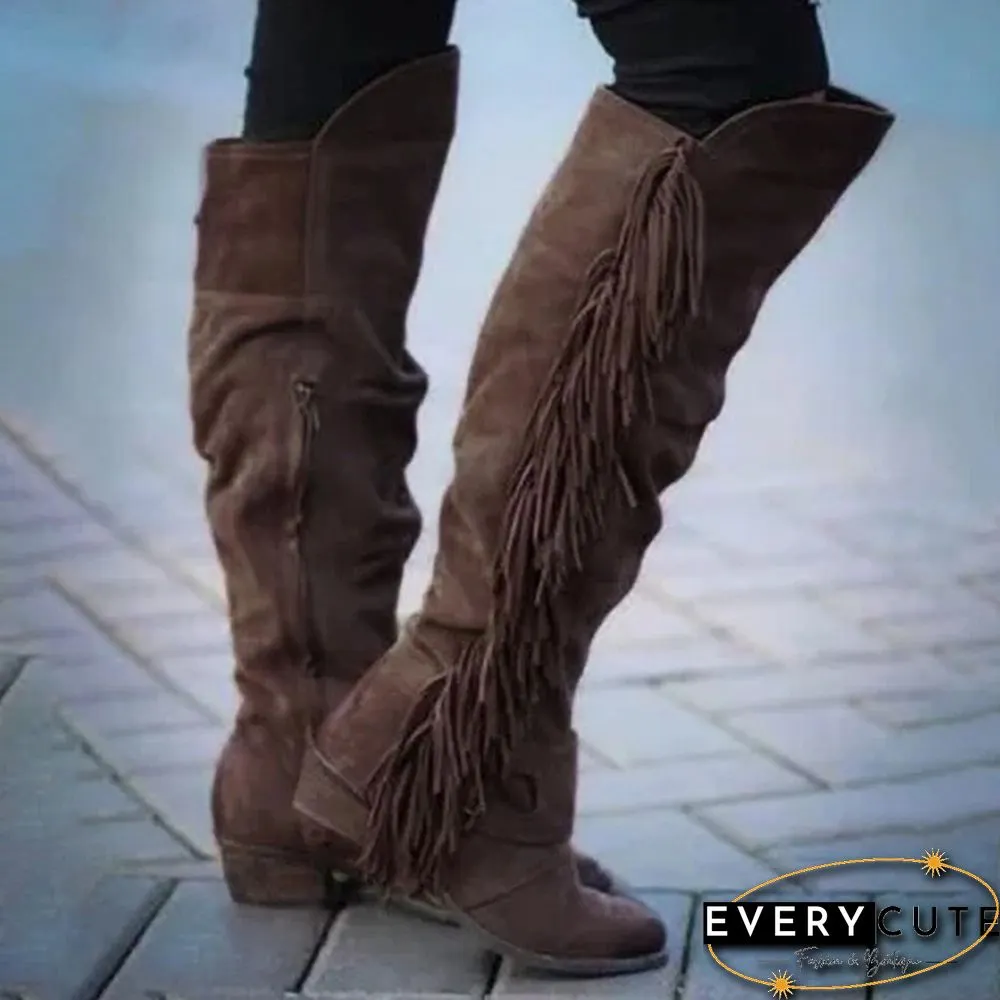 Suede Long Boots Women Over Knee Vintage Botas Chunky Heel Side-zipper Round Toe Tassel