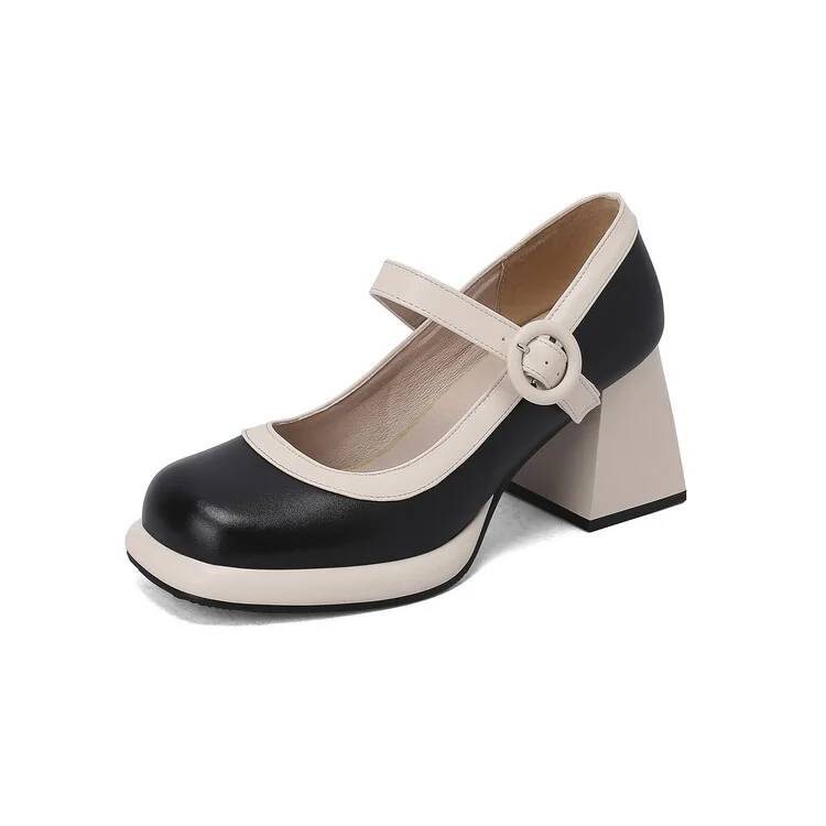 Qengg Qengg Jane Shoes Patchwork Color Square Head Thick Heel Shallow Mouth Large Size Women's Shoes High Heel Shoes 7975-9