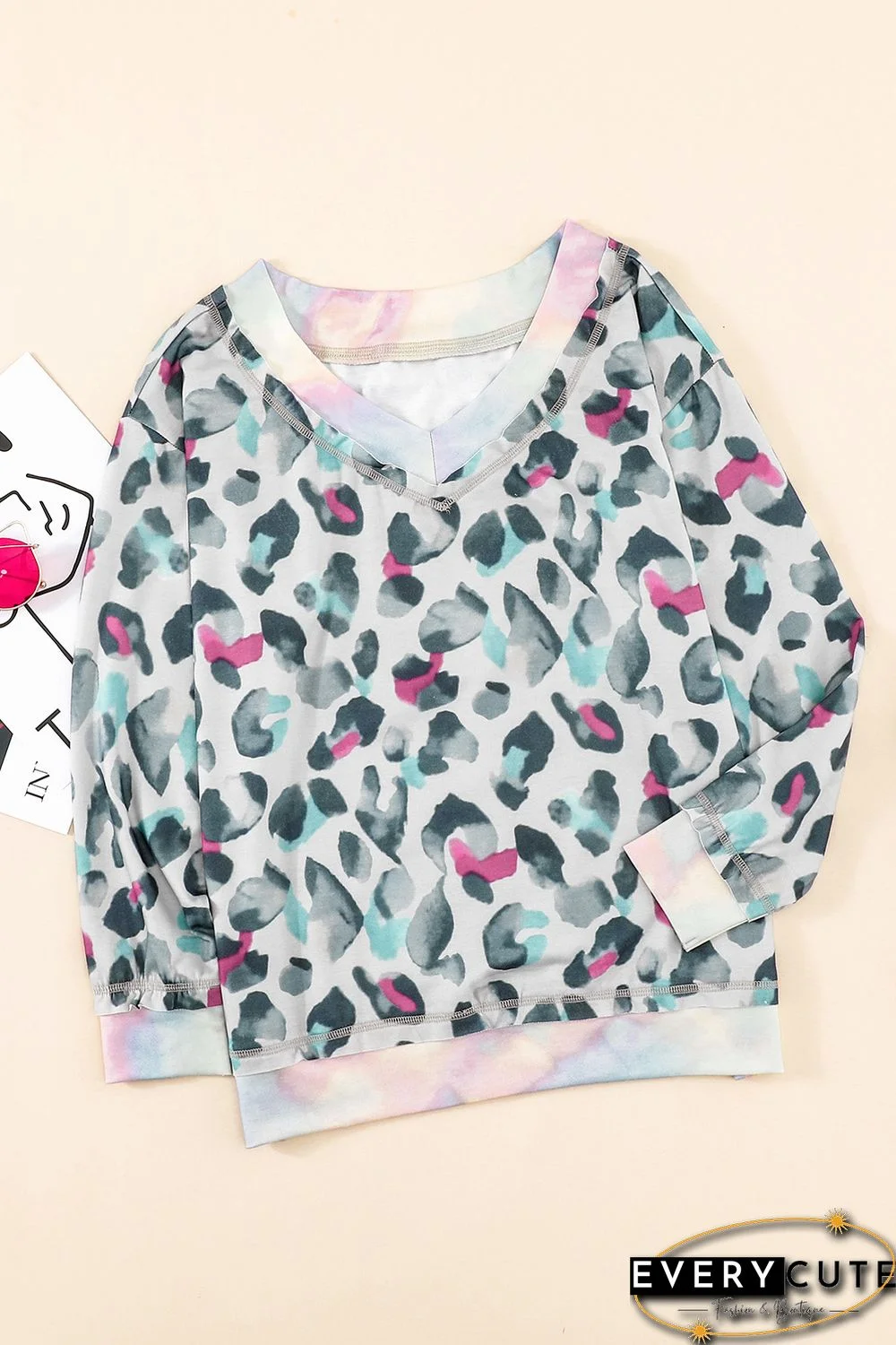 Leopard Tie-dye V Neck Sweatshirt