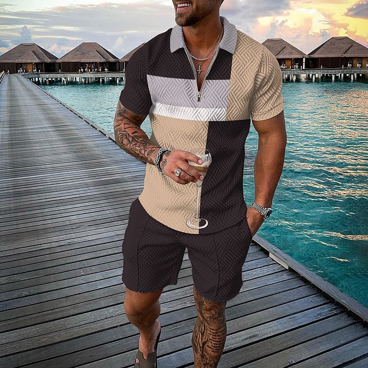 Irregular Color Block Splicing Polo Shirt And Shorts