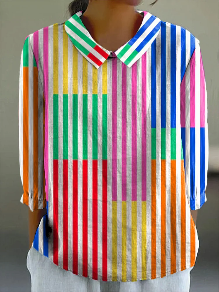 Colorful Geometric Strip Pattern Printed Womens Casual Cotton And Linen 3/4 Sleeve Shirt