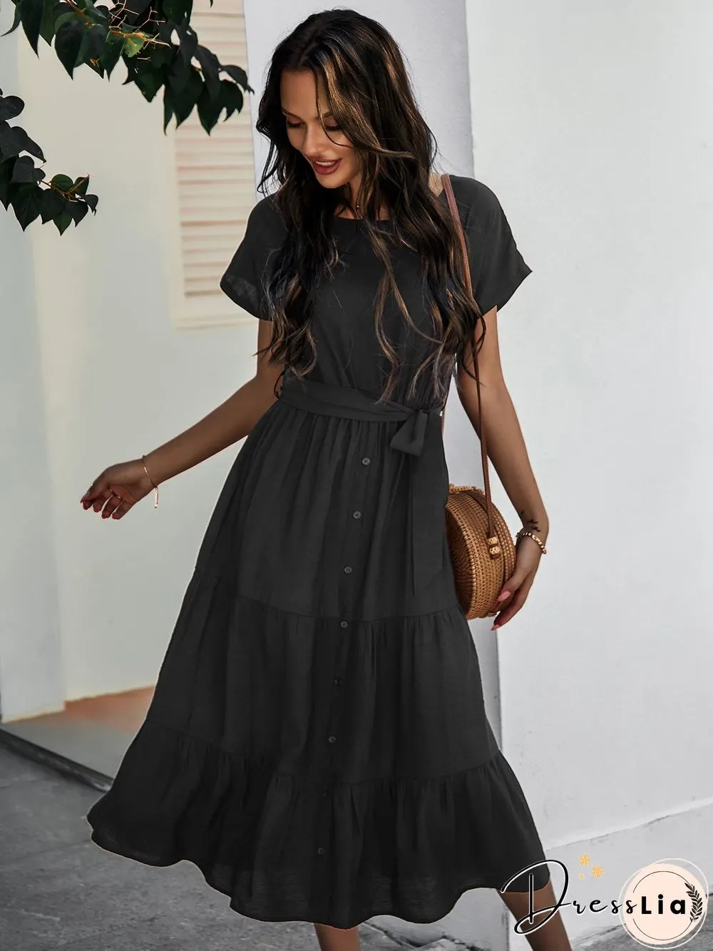Short Sleeve Round Neck Wrap Tie Waist Maxi Dress