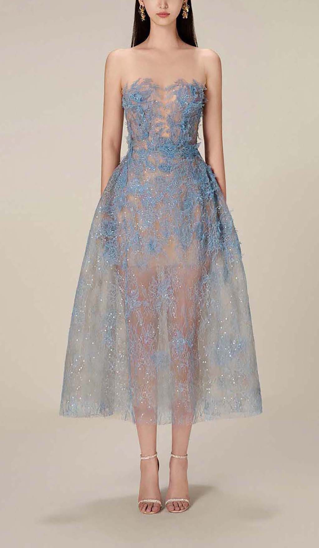 Allyson Blue Floral Lace Embroider Midi Dress Flowering Girl