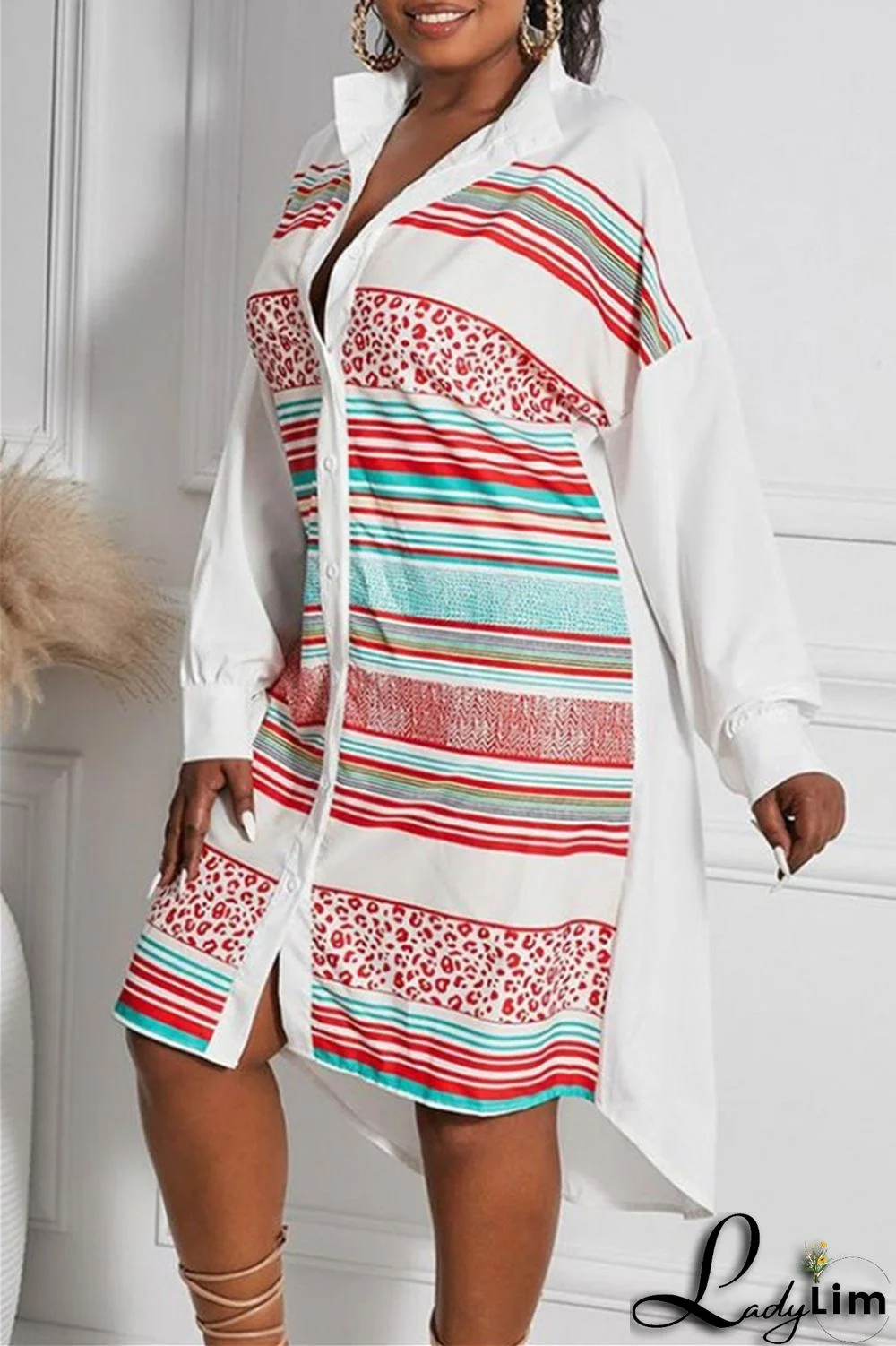 Blue Fashion Casual Striped Print Patchwork Shirt Collar Shirt Dress