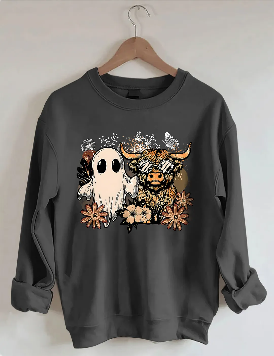 Ghost And Highland Cow With Flowers Sweatshirt