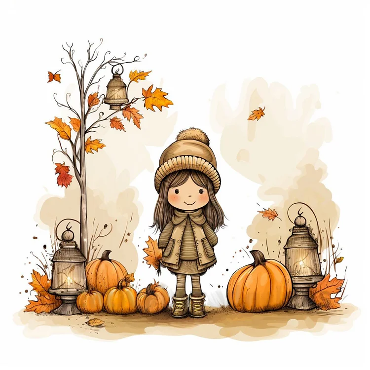 【Huacan Brand】Girl And Pumpkin In Autumn Street Lamp 11CT Stamped Cross Stitch 50*50CM