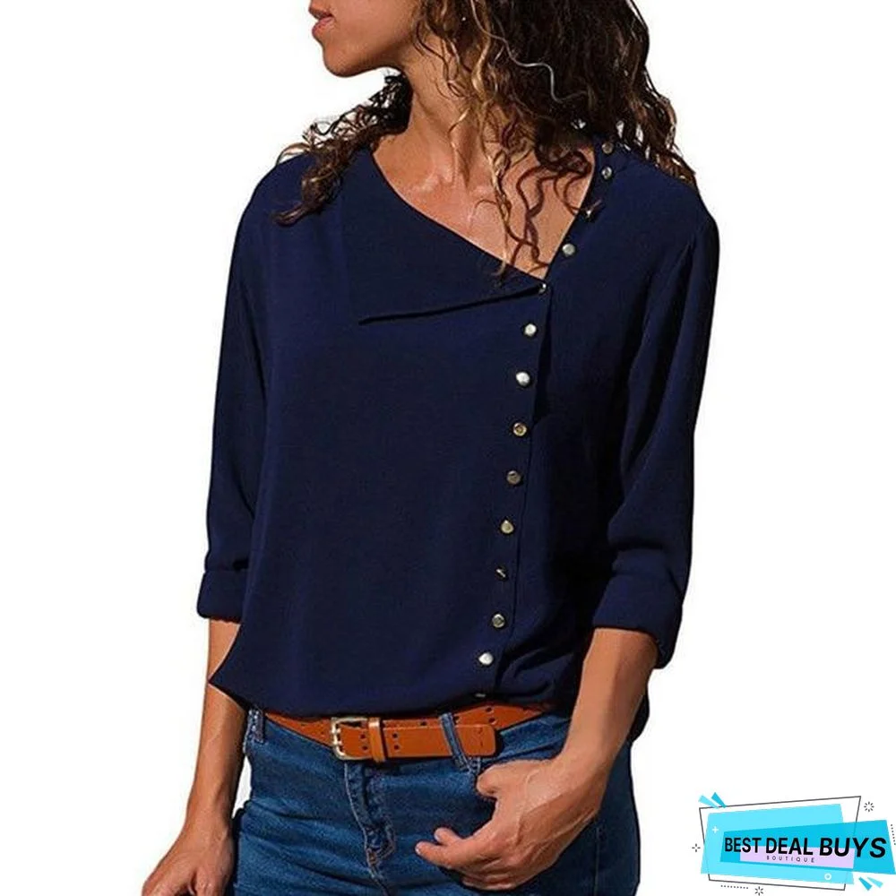 Women Chiffon Blouse Long Sleeve Skew Collar Solid Casual Tops Blouse