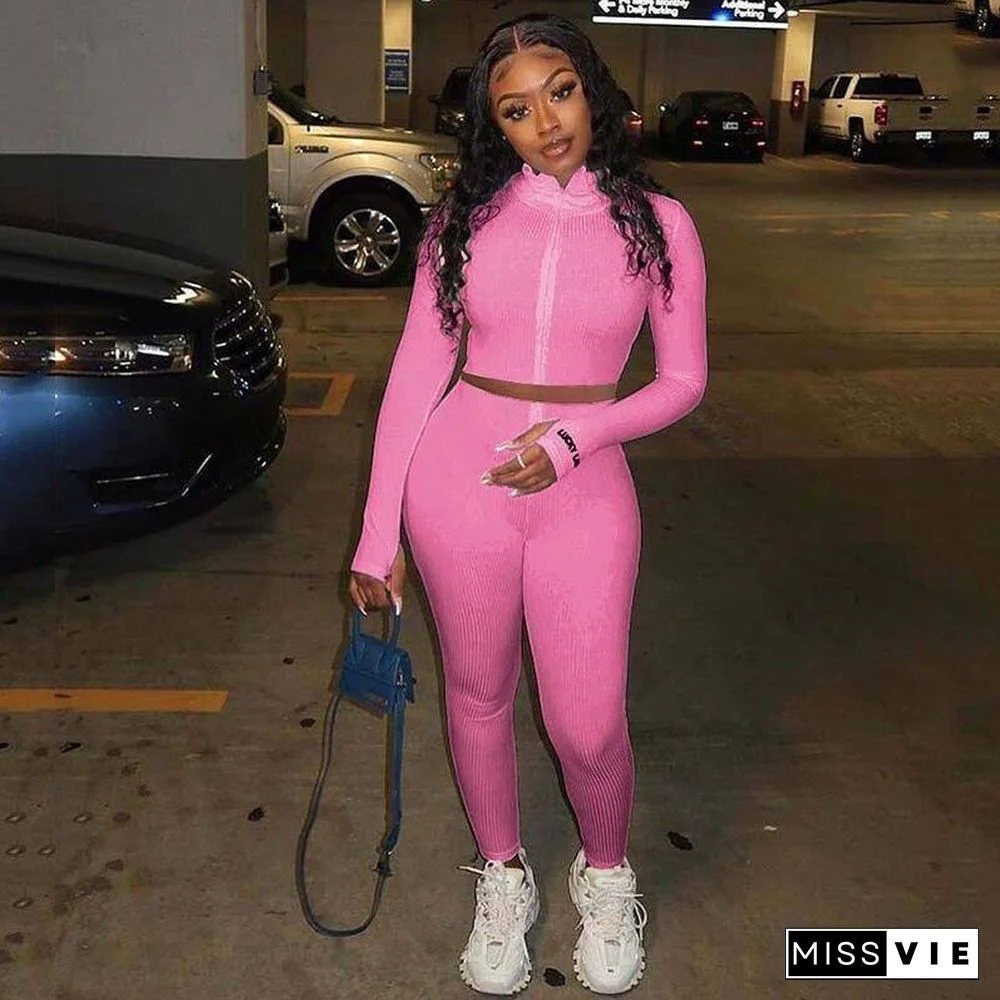 Autumn Ribbed Tracksuit Set Women Two Piece Outfits Work Out Sweat Suits Crop Top Women Set Fitness Sweatsuit Female