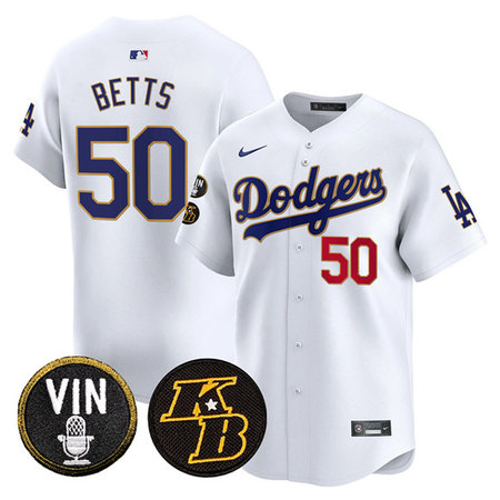 Men's Los Angeles Dodgers #50 Mookie Betts White 2026 Vin & Kobe Patch Gold Trim Vapor Premier Limited Stitched Baseball Jersey