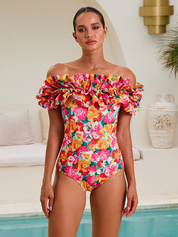 Detachable Double Shoulder Strap With Ruffles One Piece