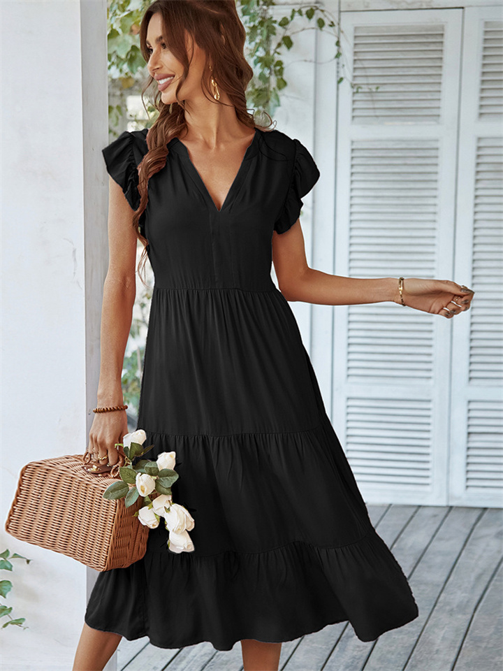 V Collar Sexy Solid Color Leisure Holiday Dress-JRSEE