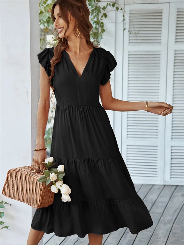 V Collar Sexy Solid Color Leisure Holiday Dress-JRSEE