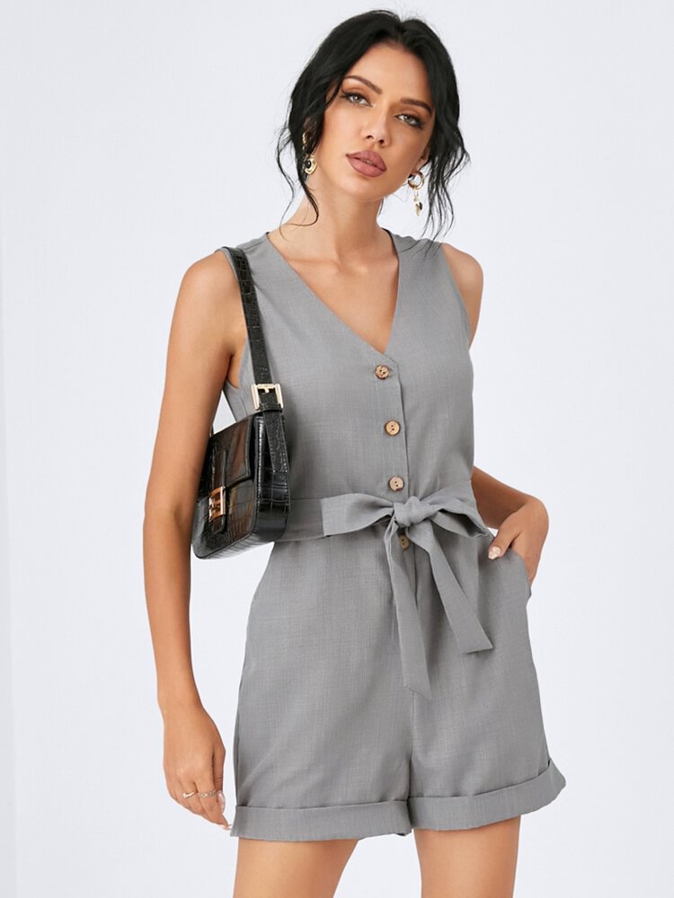 Solid Pocket Button Belt Sleeveless Casual Jumpsuit Women - Life is Beautiful for You - SheChoic