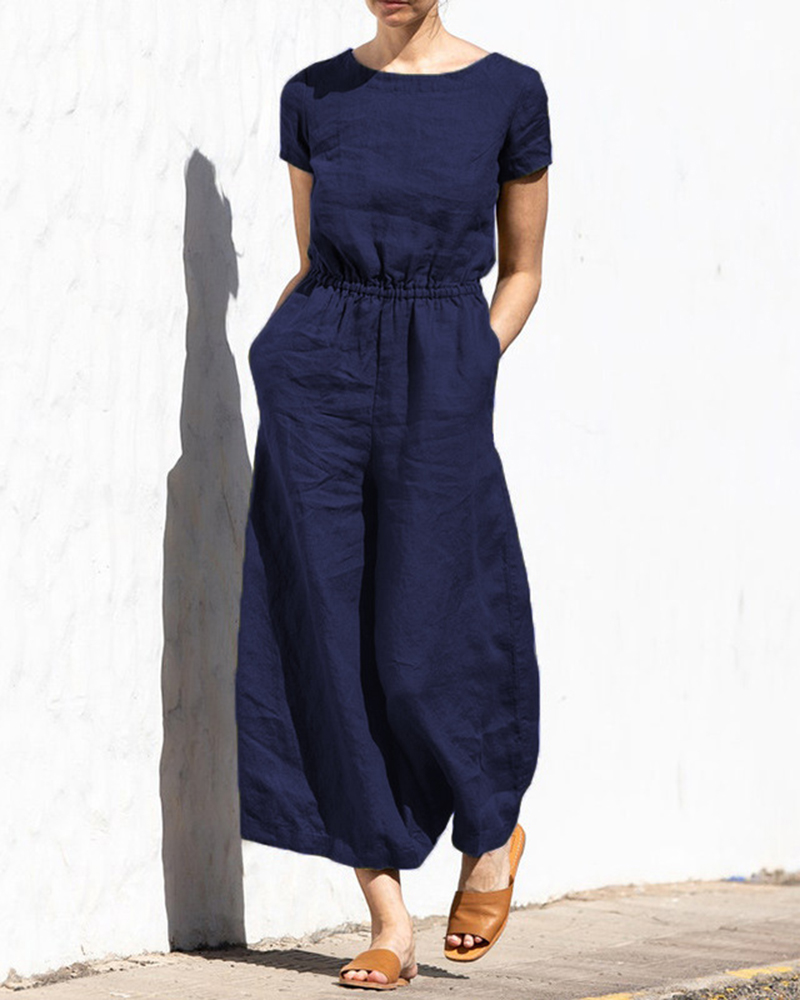 Short Sleeve Round Neck Side Pockets Cotton Solid Color Wide Leg Jumpsuit