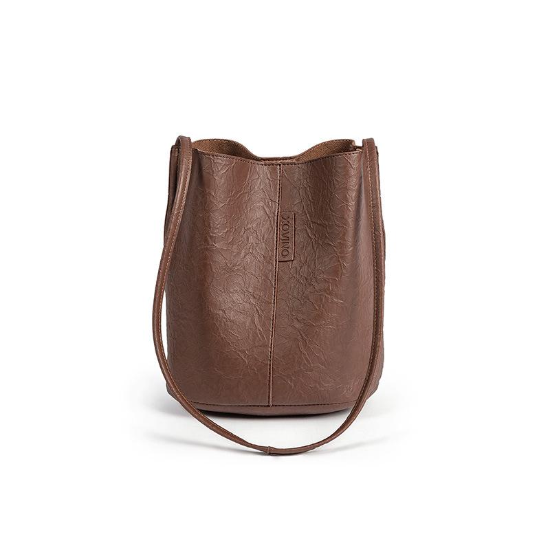 Women's Bag Pleated Leather Bucket Bag New Ladies Slung Shoulder Shopping Bag Fashion Women's Bag