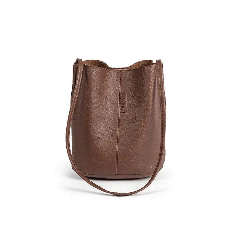 Women's Bag Pleated Leather Bucket Bag New Ladies Slung Shoulder Shopping Bag Fashion Women's Bag