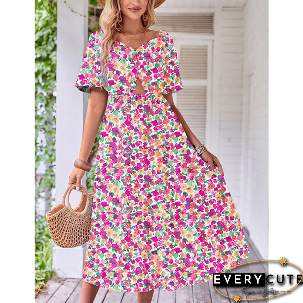 Pink Puff Sleeves Back Pleated Floral Dress