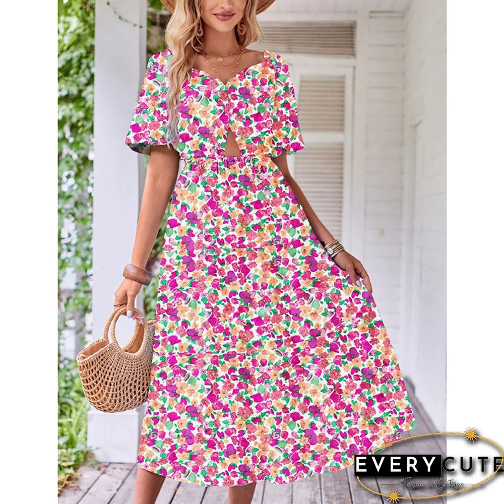 Pink Puff Sleeves Back Pleated Floral Dress