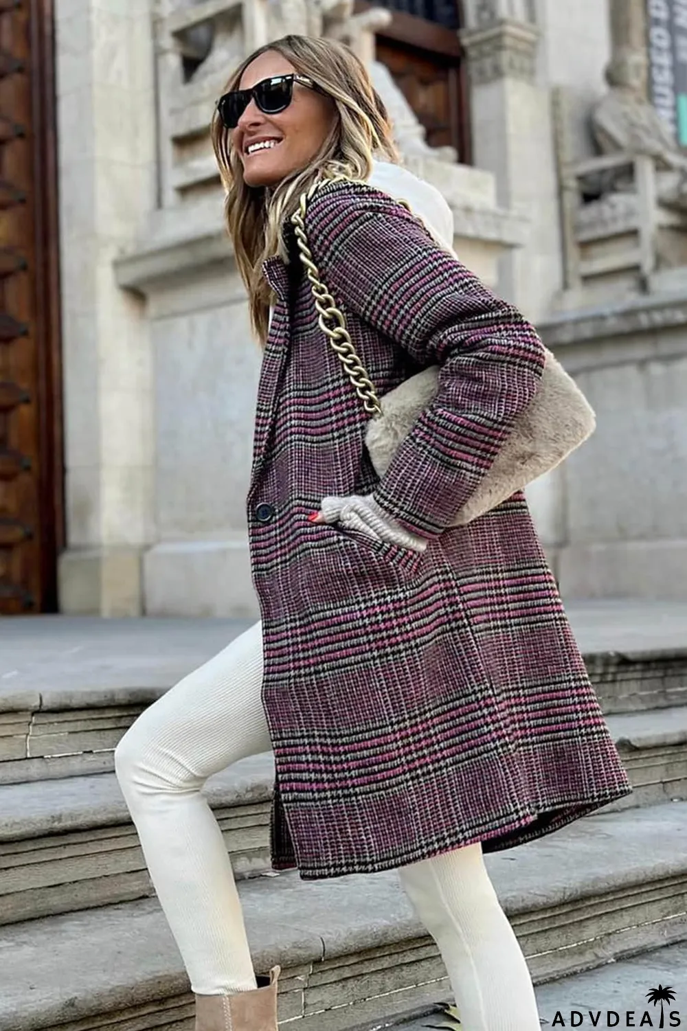 Pink Plaid Lapel Collar One Button Midi Coat