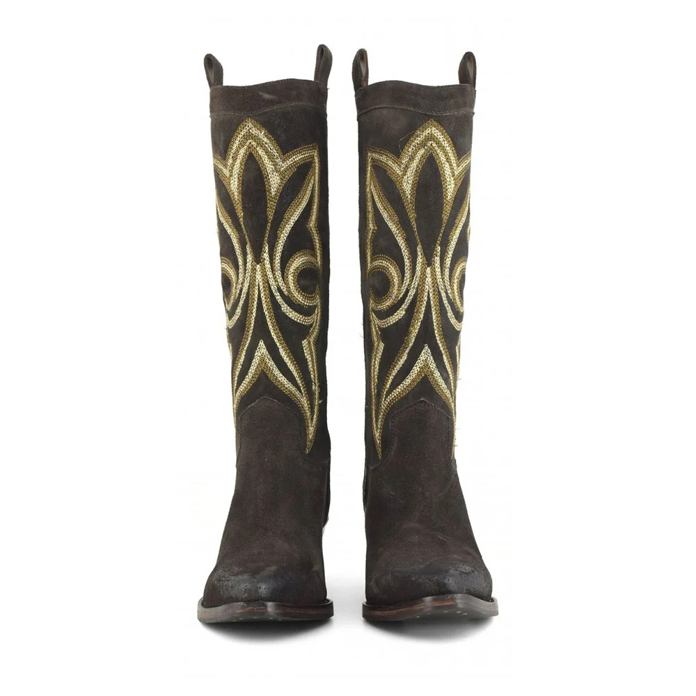 Classic Mid Calf Snip Toe Embroidered Dark Brown Cowboy Boots