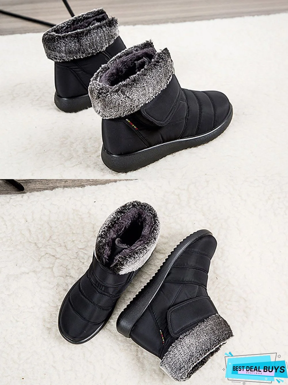 Faux Fur Cuff Snow Boots with Hook and Loop