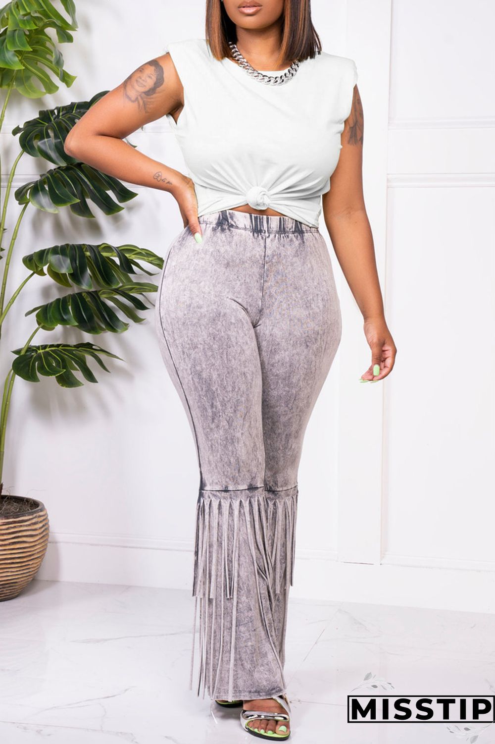 Black Fashion Casual Print Tassel Patchwork O Neck Sleeveless Two Pieces