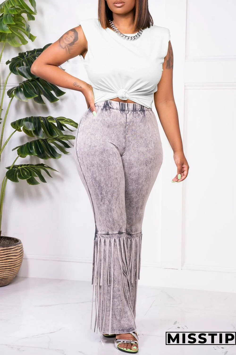 Black Fashion Casual Print Tassel Patchwork O Neck Sleeveless Two Pieces